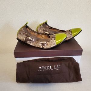 Anyi Lu snakeskin and lime green flats